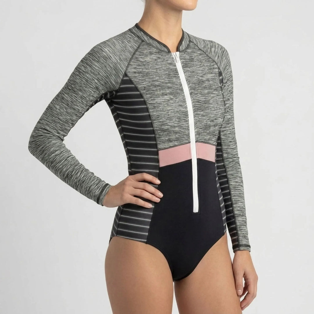 Zippered long-sleeve one-piece swimsuit for women, designed for water sports & sun safety.