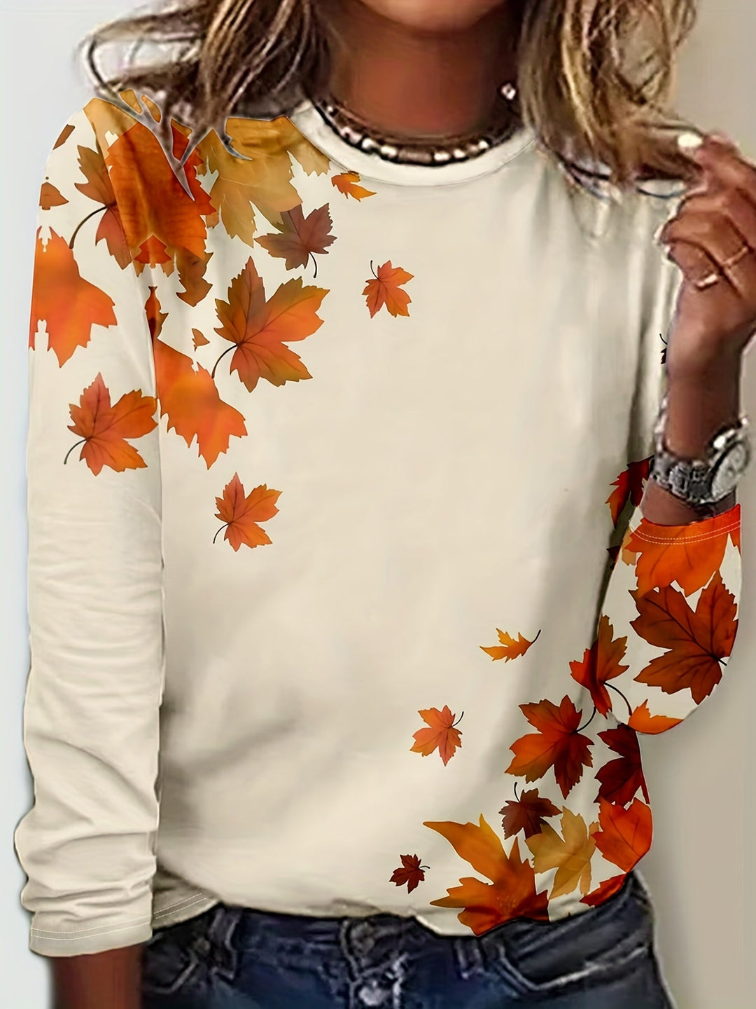 Women's long sleeve t-shirt with charming maple leaf print. Perfect for autumn fashion & casual spring style.