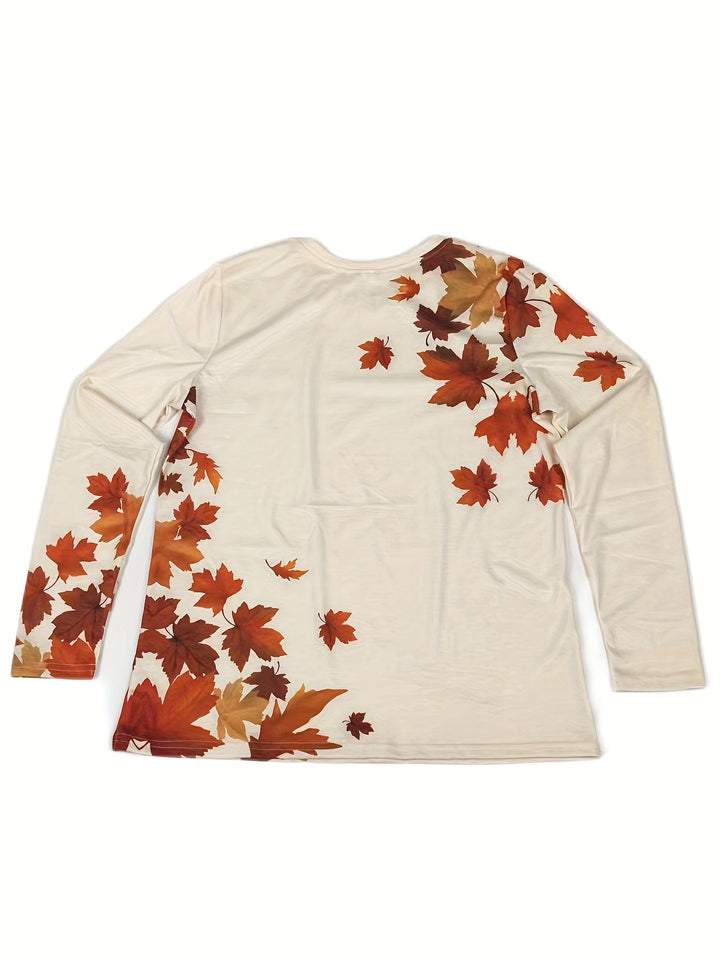 Comfortable Elayna women's long sleeve t-shirt featuring a unique maple leaf graphic print & round neck.