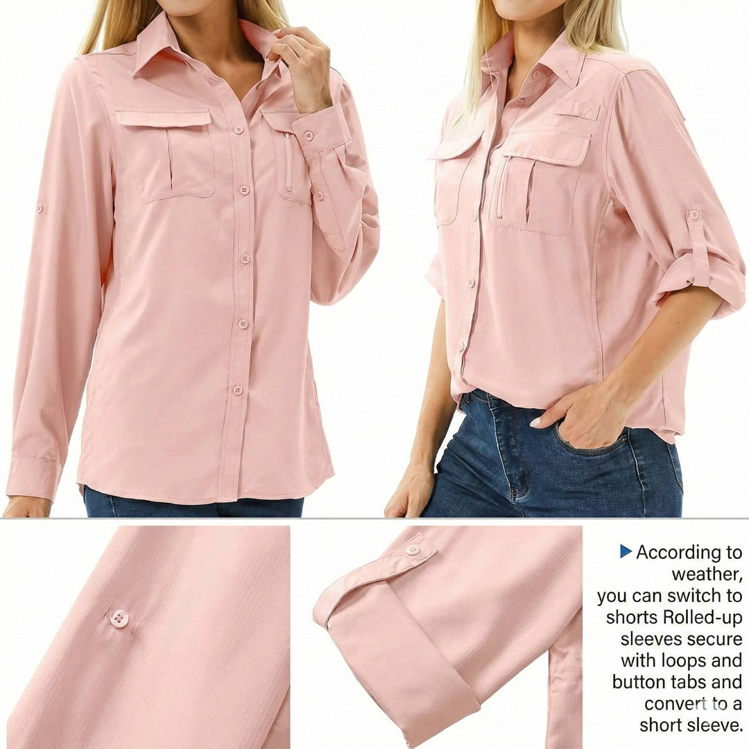 Lightweight women's outdoor long sleeve shirt with sun protection, perfect for fishing & travel.
