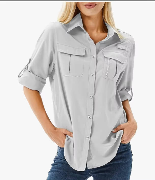 Stylish women's button-up safari shirt with UV protection, ideal for adventure & casual wear.