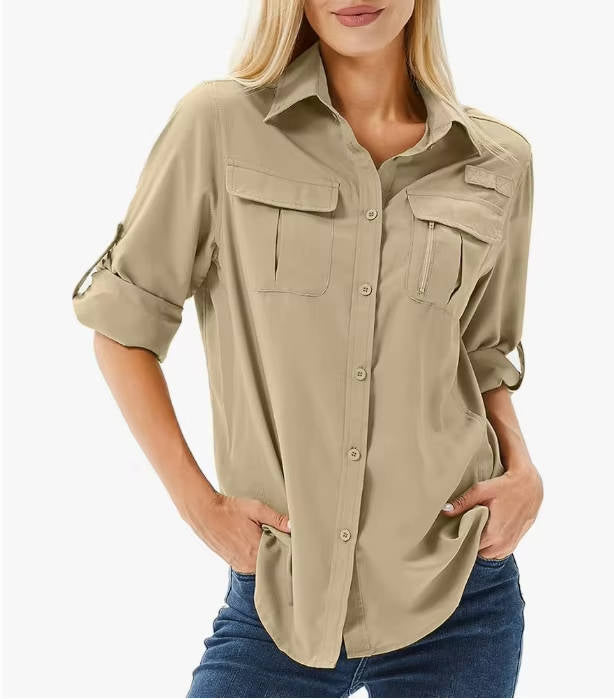 Breathable women's fishing shirt, long sleeve & UV protective, essential adventure gear.