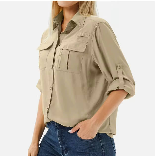 Casual yet protective women's long sleeve button-up shirt for sun protection & outdoor travel.