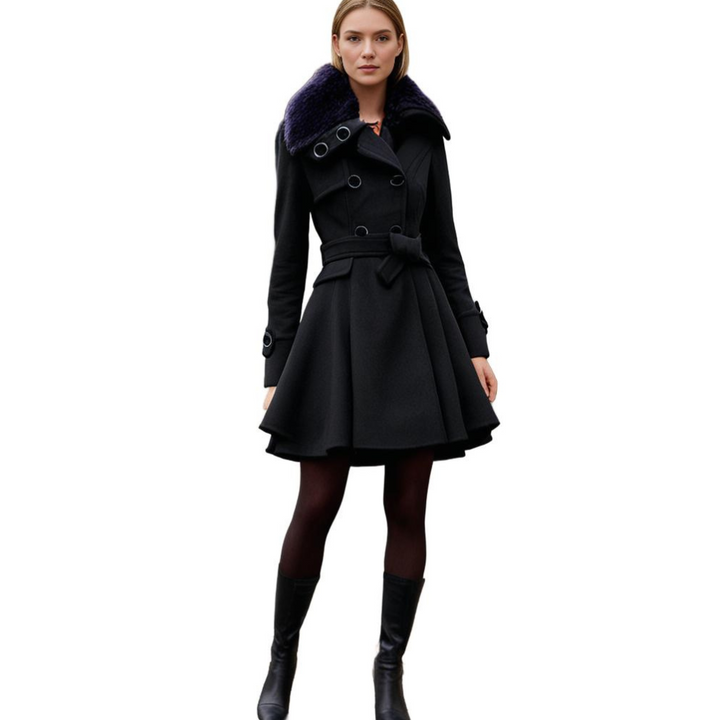 Elegant women's long tailored coat with a sophisticated collar, ideal for chic winter fashion.