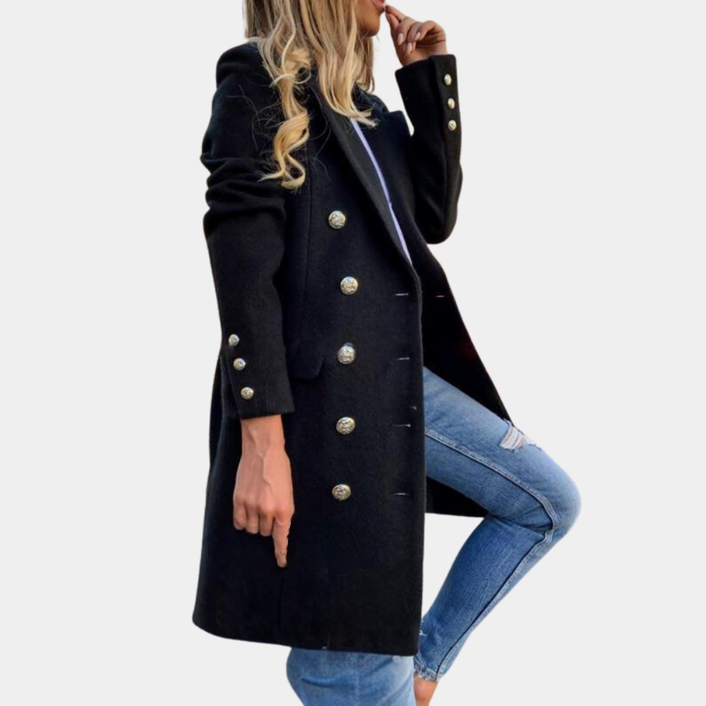 Elegant yellow women's long trenchcoat, tailored for a flattering fit, featuring classic button closure outerwear.