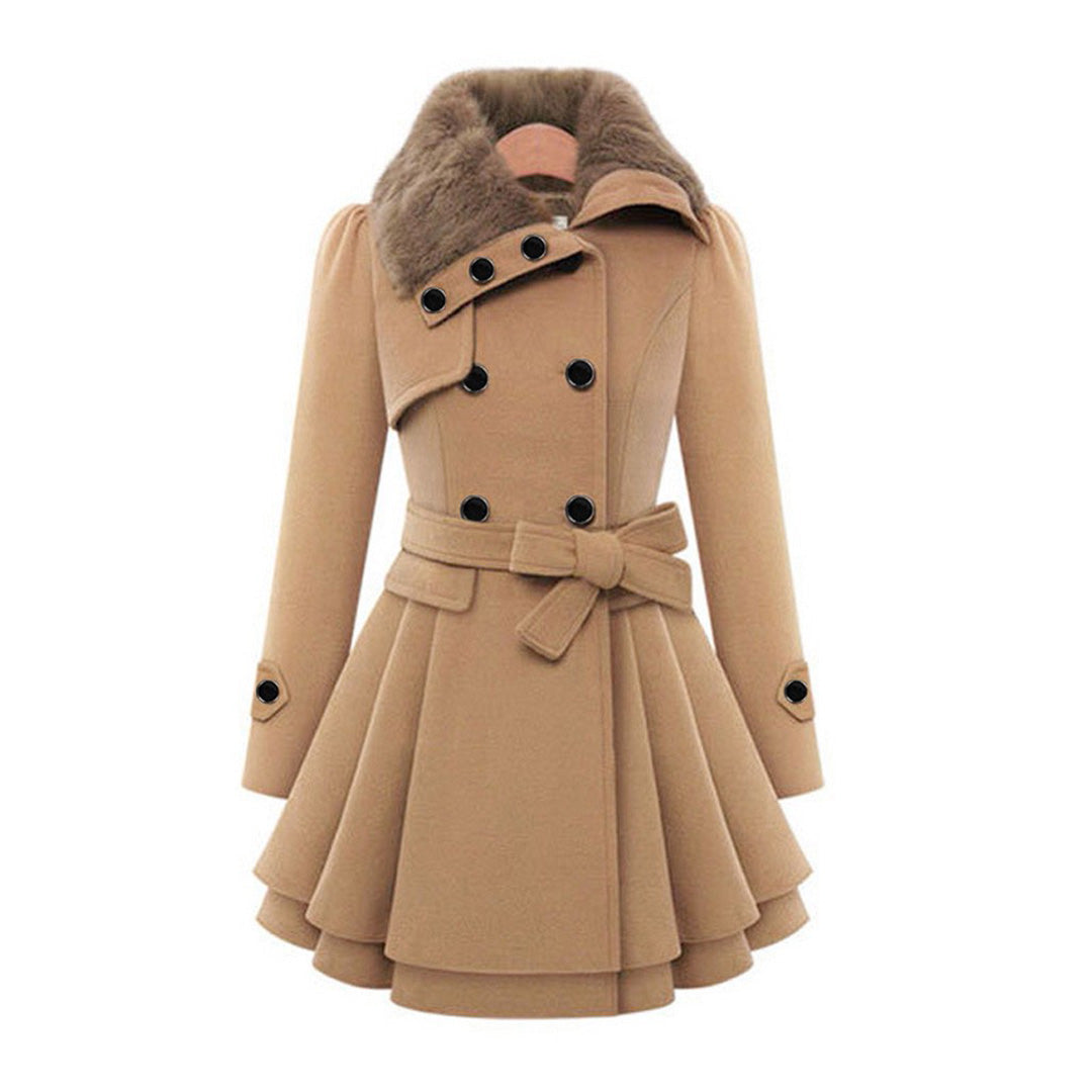 Women's long winter coat with warm faux fur collar. Elegant outerwear for cold weather, stylish and cozy.