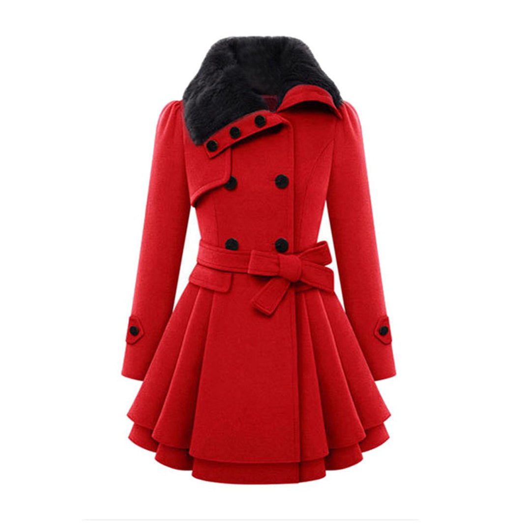 Fashionable women's long winter coat with elegant faux fur collar. A stylish jacket for winter essential wardrobes.