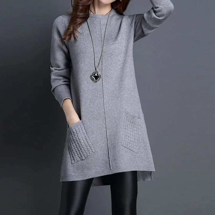 Women's longline sweater dress, relaxed fit, cozy everyday winter comfort & style.