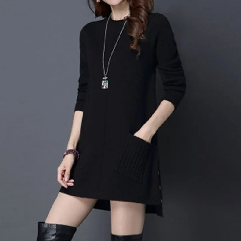 Elegant women's longline knit sweater dress, offering stylish comfort & a relaxed fit for daily wear.