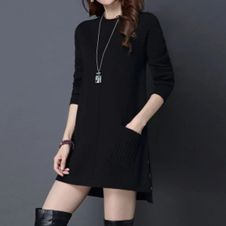 Elegant women's longline knit sweater dress, offering stylish comfort & a relaxed fit for daily wear.