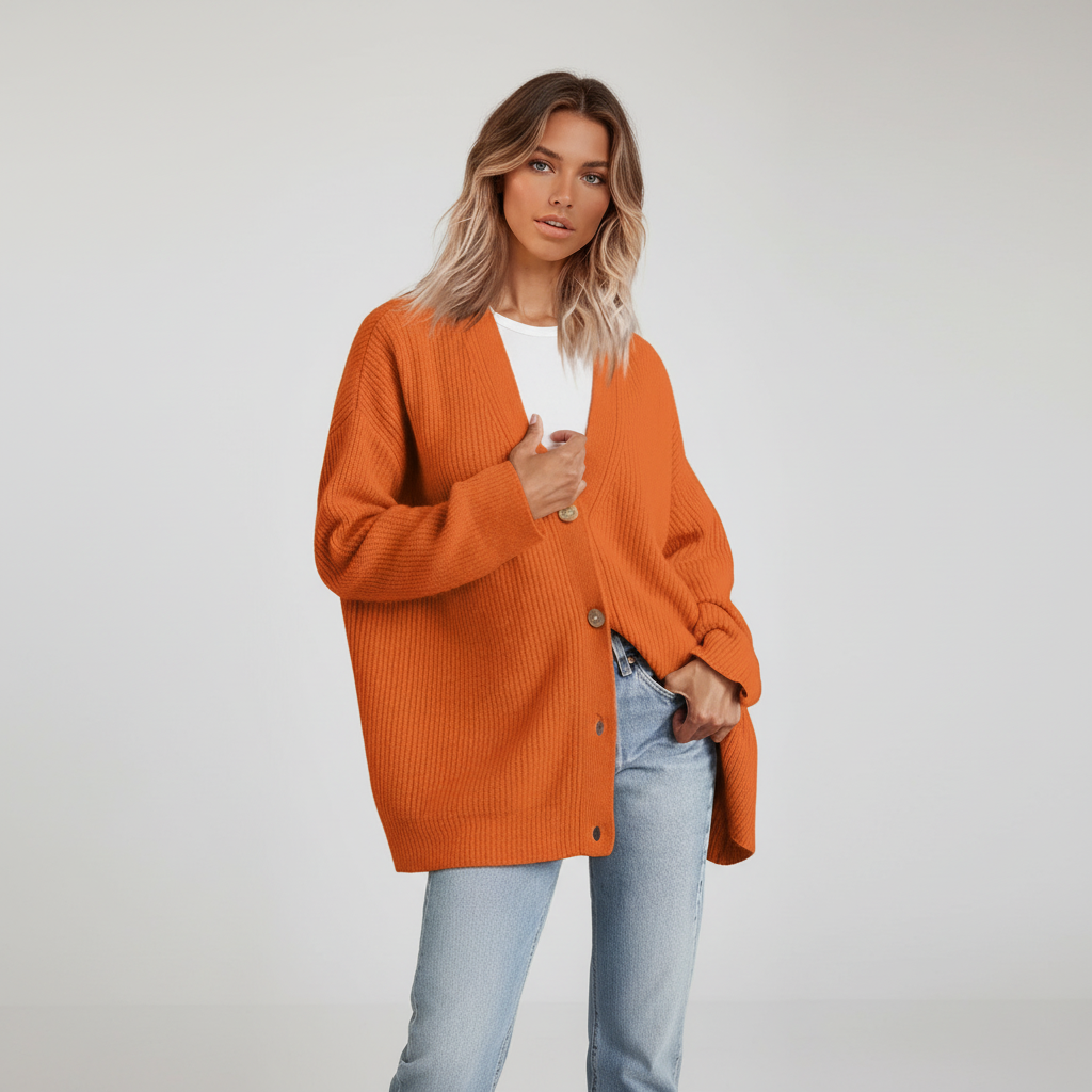 High-quality women's cashmere V-neck waistcoat, showcasing fine knitwear and a relaxed silhouette