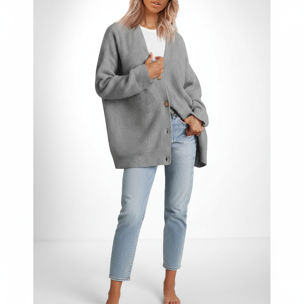 Front view of a women's loose cashmere waistcoat with a deep V-neck, perfect for layering