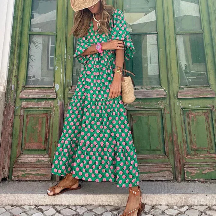 Boho summer dress for women with a loose fit & elegant flow. Ideal for festivals, beach days, or casual outings.