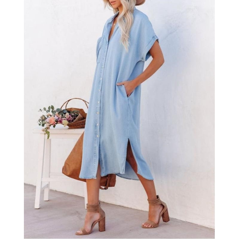 Effortless women's denim dress, a chic casual midi for summer. Features a comfortable loose fit, ideal for versatile styling.