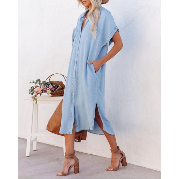 Effortless women's denim dress, a chic casual midi for summer. Features a comfortable loose fit, ideal for versatile styling.