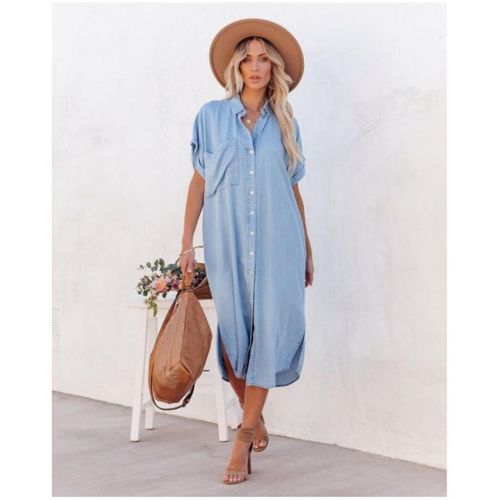 Comfortable women's effortless casual denim midi dress. Loose fit, perfect for everyday wear & stylish summer fashion.