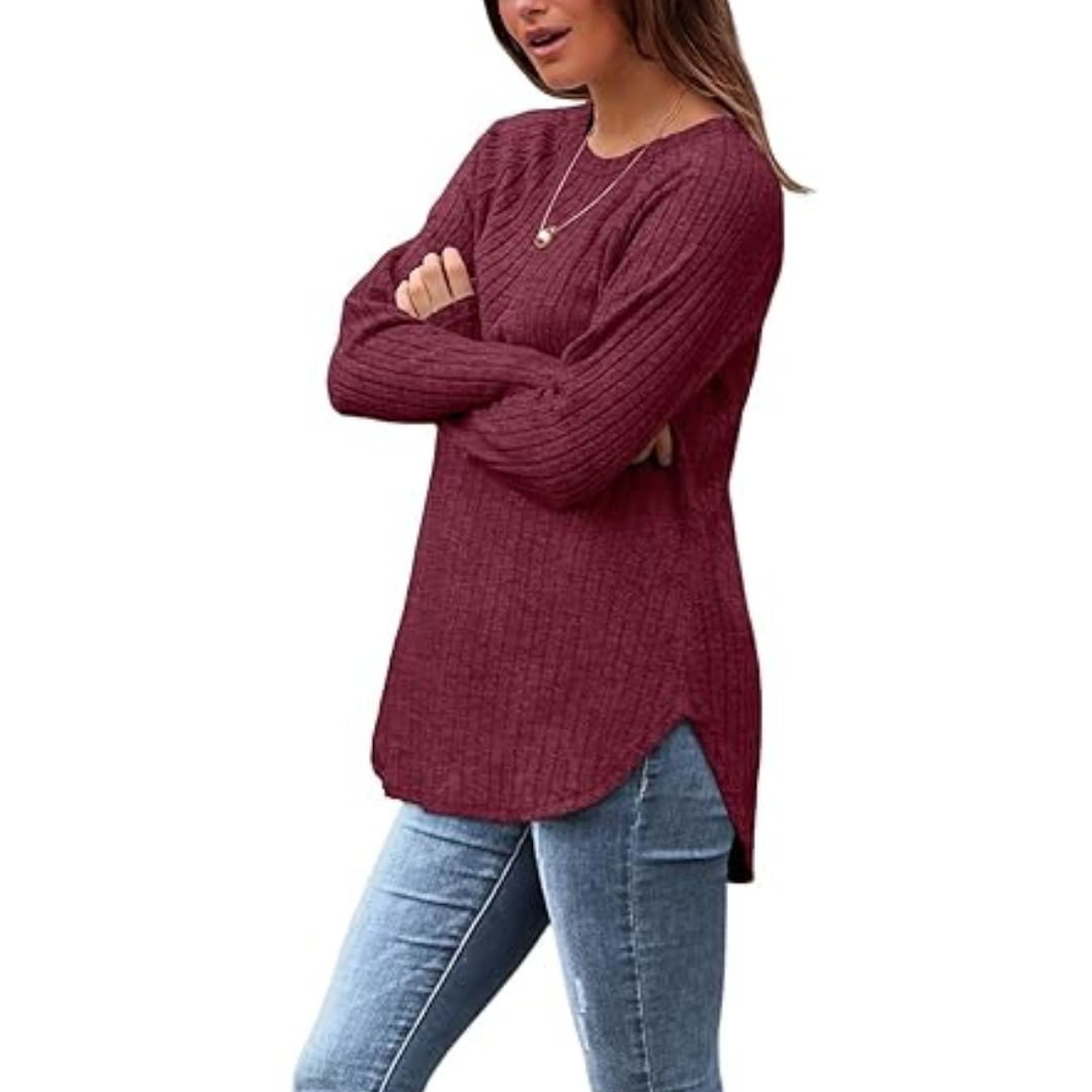 Folded women's loose fit crew neck long sleeve sweater tunic, ready for wear
