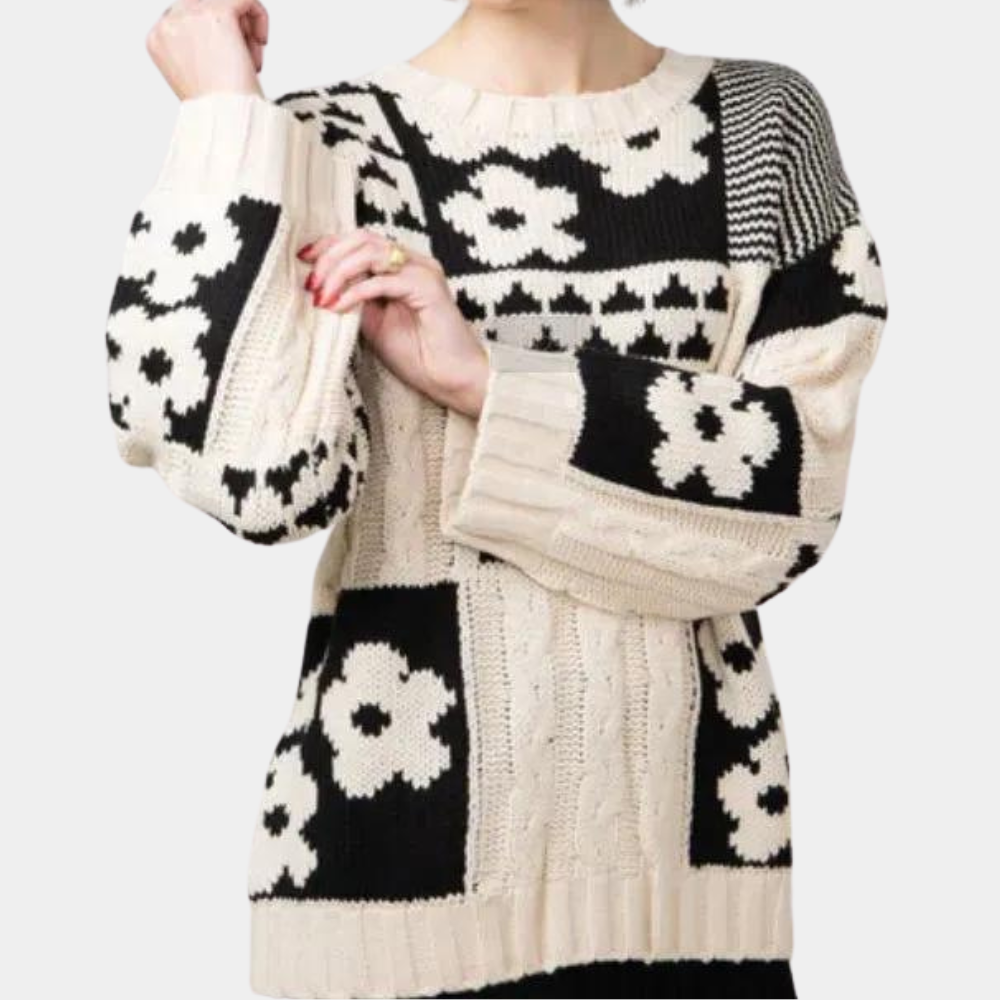 Elegant women's floral knit sweater with a loose fit, ideal for stylish fall & winter casual wear.