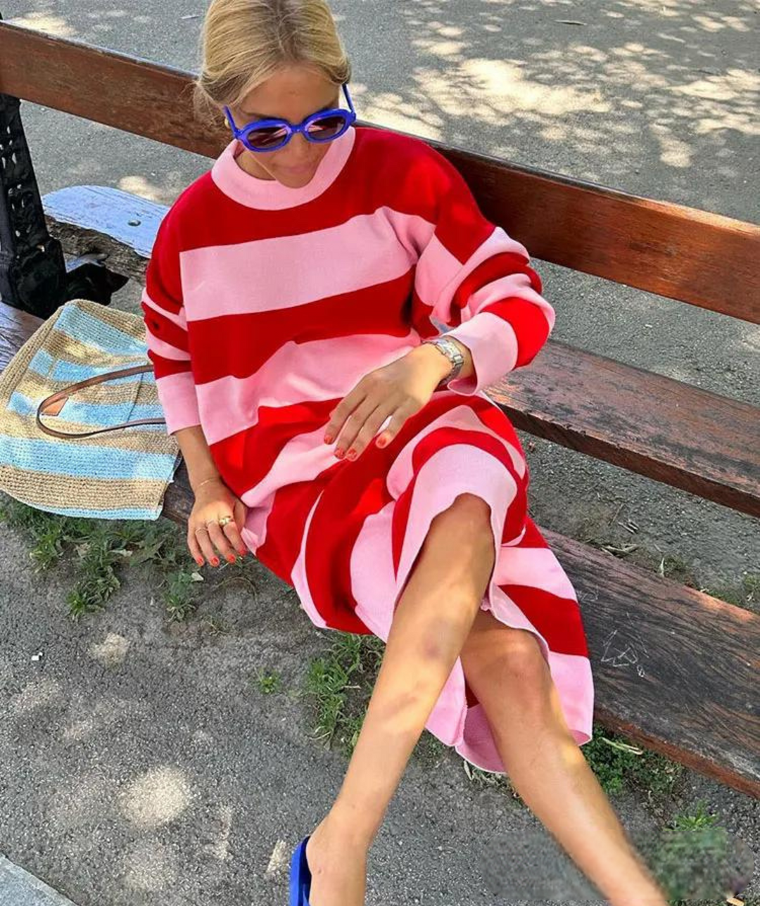 Comfortable everyday women's striped summer midi dress, featuring a relaxed, flowy, and loose fit for effortless style.