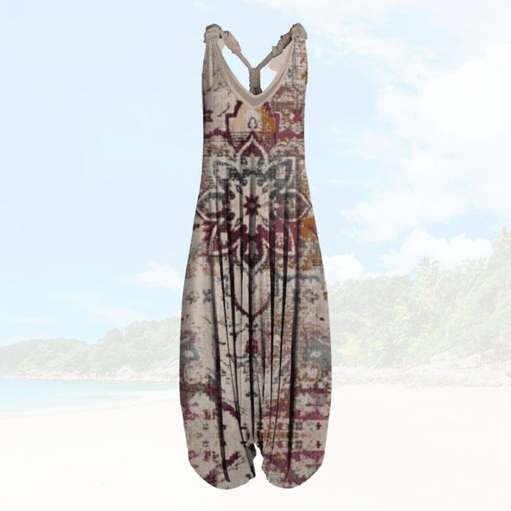 Sleeveless loose fit jumpsuit, ideal resort wear for summer vacations.
