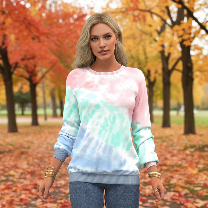 Women's loose fit tie-dye cotton blend pullover sweater, comfortable and colorful for winter or spring fashion.