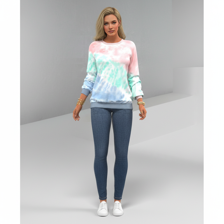 Casual women's tie-dye comfort sweater, a stylish cotton blend knit for cool weather.