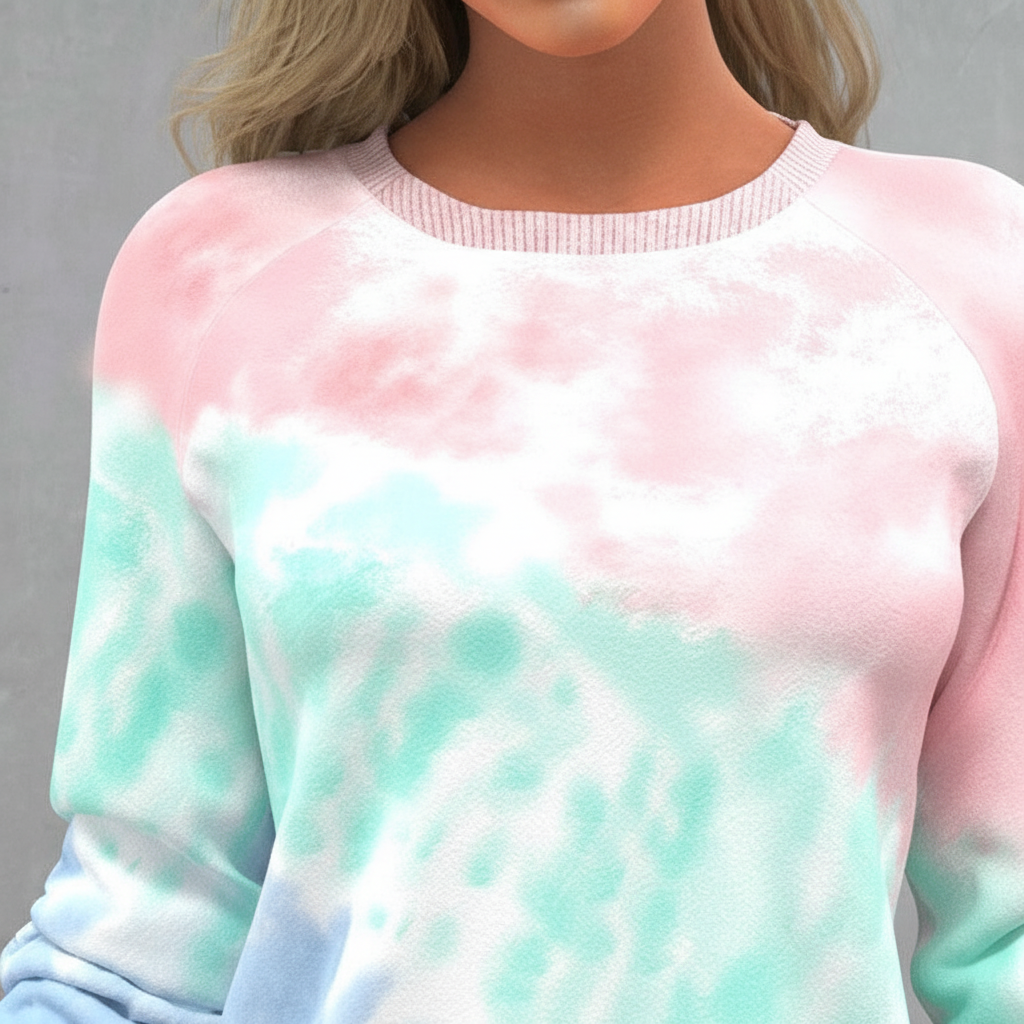 Soft women's tie-dye pullover, featuring a loose fit and vibrant colors, perfect for casual wear.