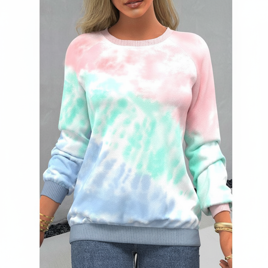 Colorful tie-dye long-sleeve women's top, a loose fit cotton blend sweater for ultimate comfort.