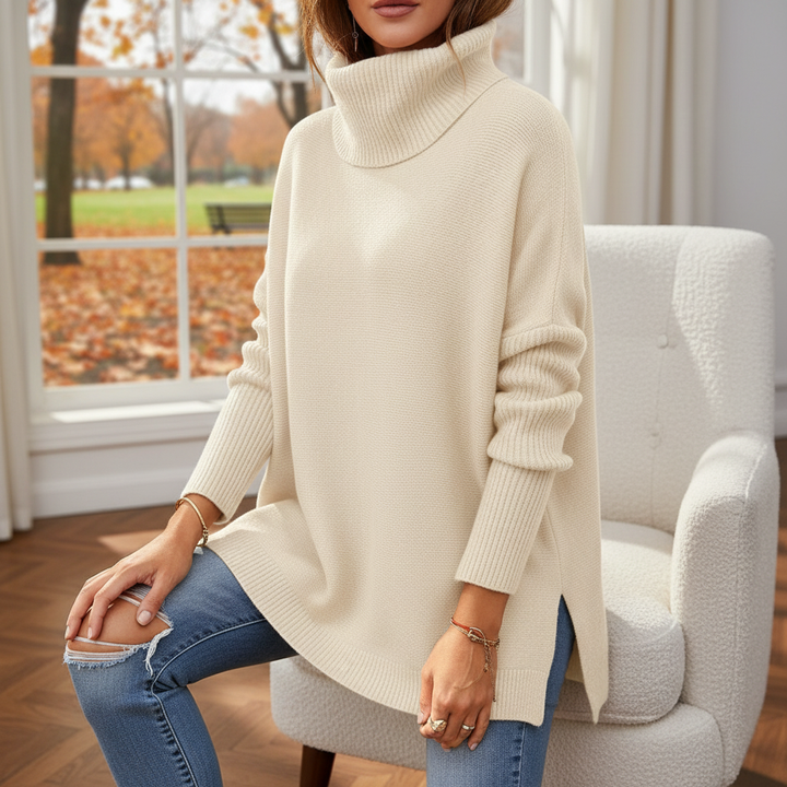 Women's loose fit turtleneck sweater, light grey knit for casual winter fashion