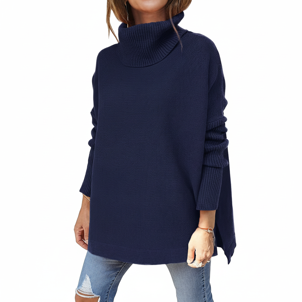 Model wearing a green loose fit turtleneck sweater, women's comfortable winter fashion