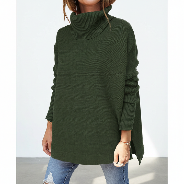 Back view of women's comfortable loose fit turtleneck sweater, casual knitwear
