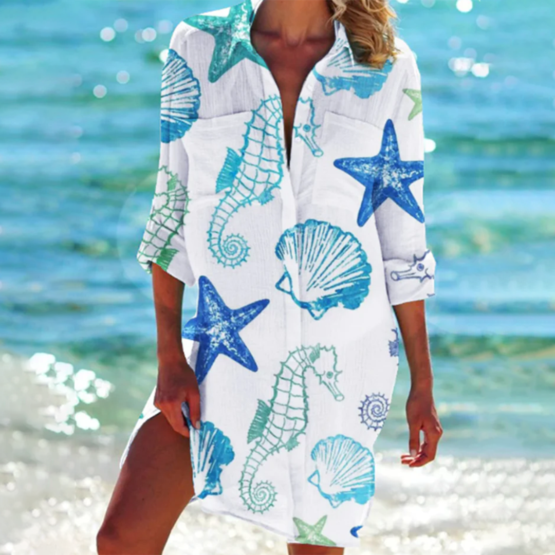 Stylish women's printed summer shirt, loose fit with pockets. Perfect as a casual tunic or beach cover-up.