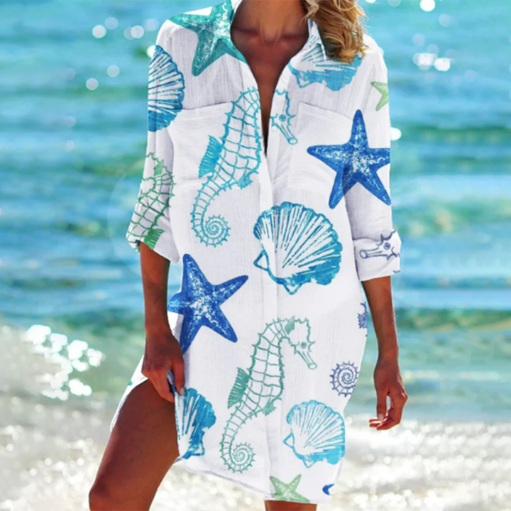 Stylish women's printed summer shirt, loose fit with pockets. Perfect as a casual tunic or beach cover-up.