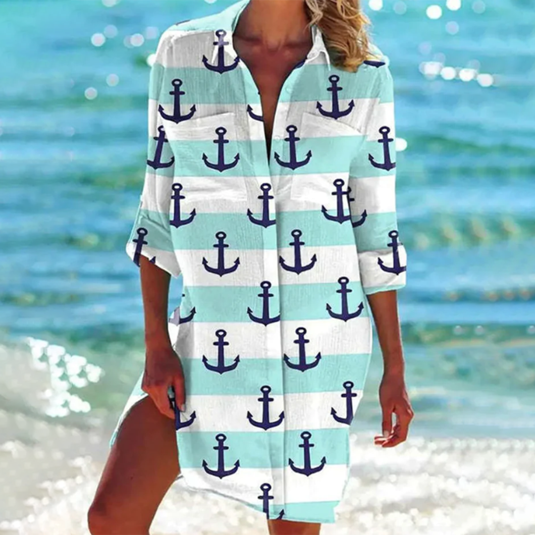 Women's loose printed summer shirt with pockets. A-line design, perfect as a stylish beach cover-up or tunic.
