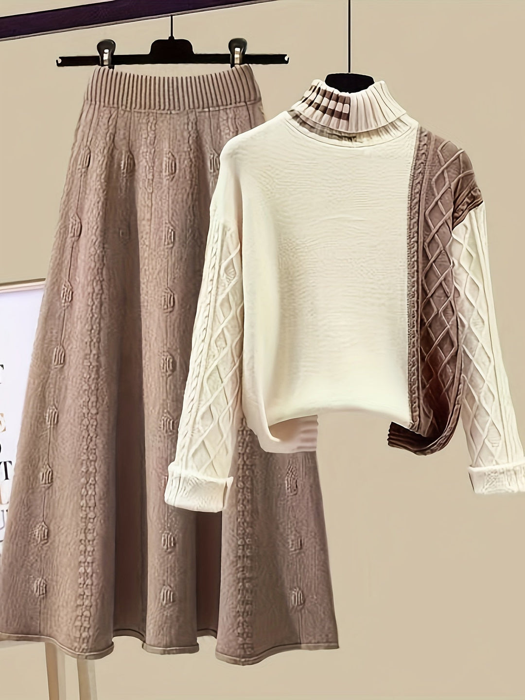 Women's Lorelei knitted sweater and matching skirt set. Cozy, elegant two-piece outfit for fall and winter fashion.