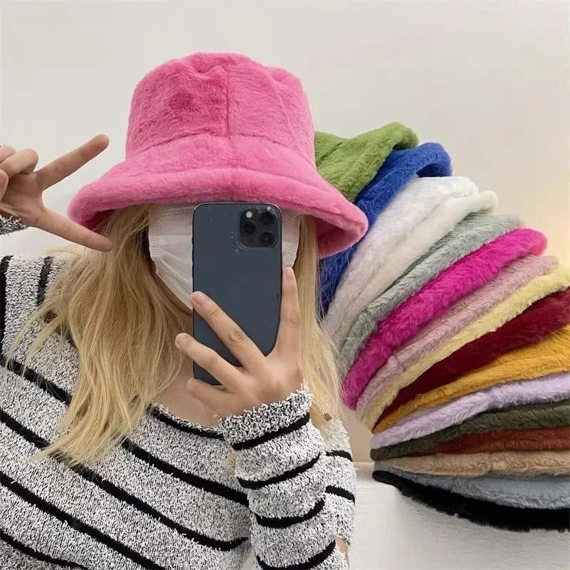 Softest faux fur bucket hat, women's warm accessory for brisk autumn mornings.