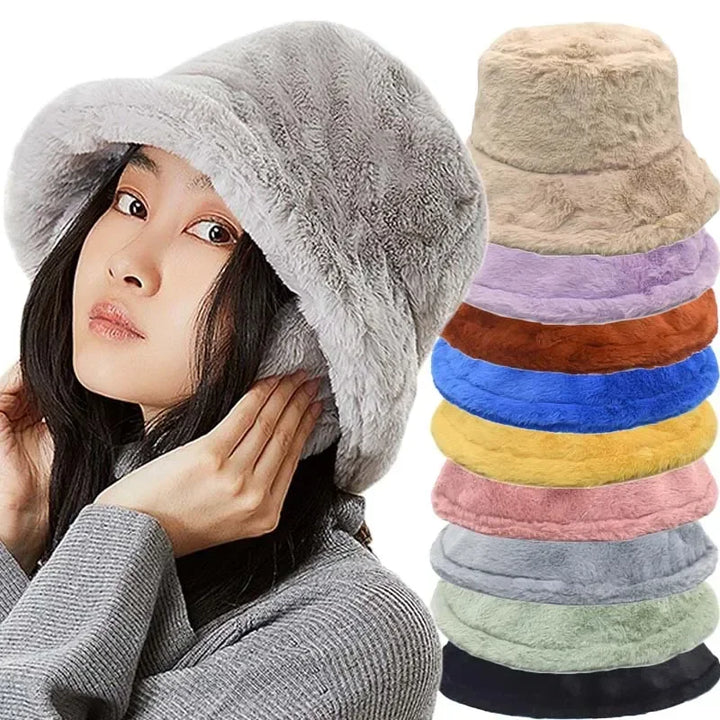 Stylish women's faux fur bucket hat, perfect winter accessory for cold weather.