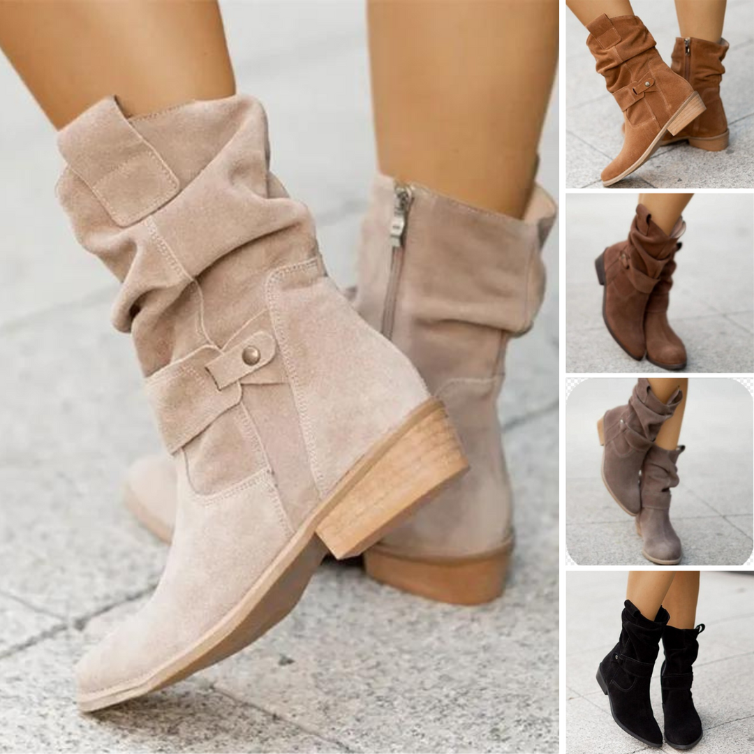 Fashionable women's low heel winter boots, designed for warmth and stylish comfort all season.