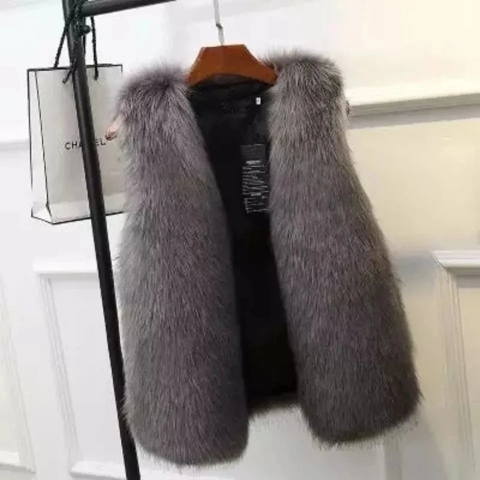 Glamorous women's faux fox fur gilet vest, ideal for chic winter fashion, luxury layering & cozy comfort.