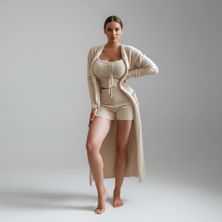 Stylish women's three-piece loungewear set, Lucia design, soft fabric for ultimate comfort, casual outfit