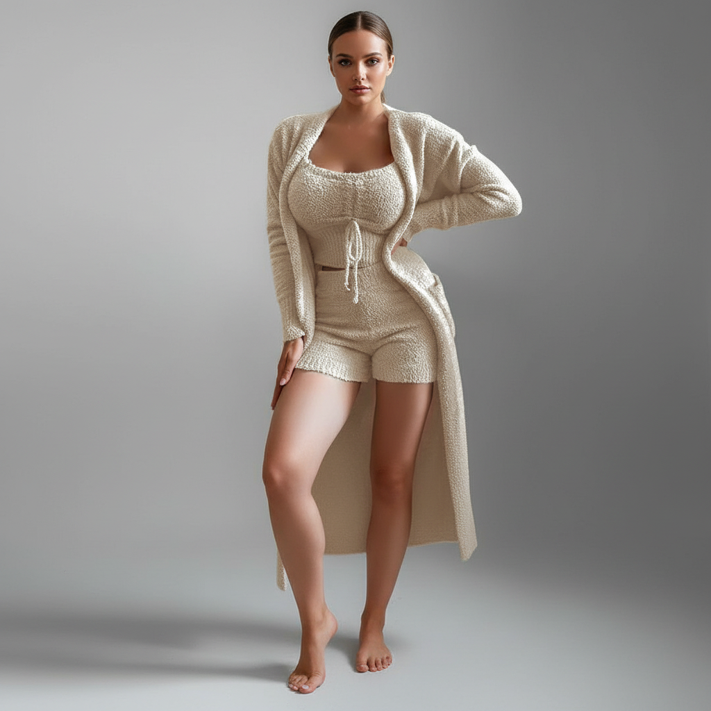 Close-up of the fabric detail on the women's Lucia three-piece comfort loungewear set, soft texture