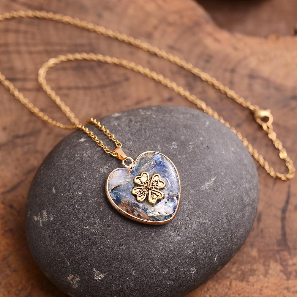 Women's Lucky Clover Rhyolite gemstone necklace. Handmade unique jewelry, ideal for positive energy & spiritual style.