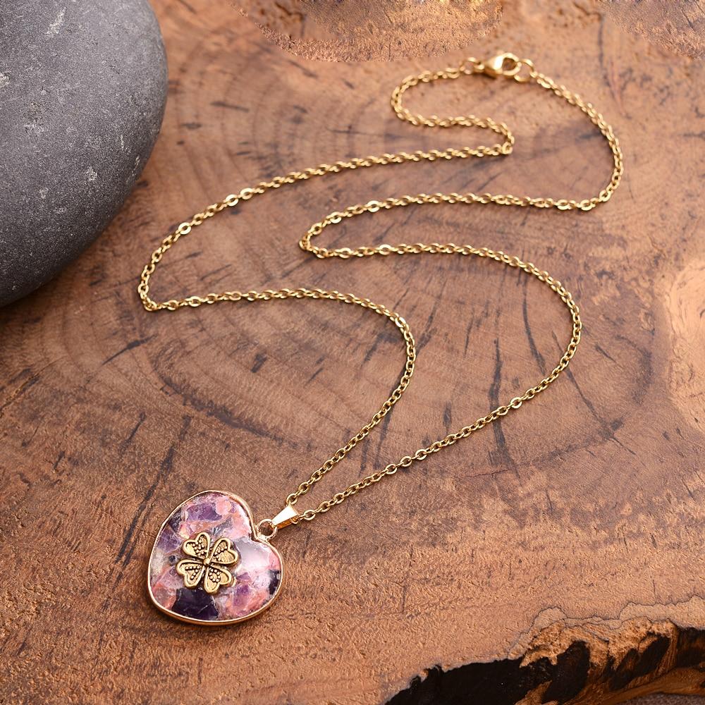 Stylish women's Lucky Clover Rhyolite necklace, a handmade gemstone spiritual gift. Perfect for unique positive energy.