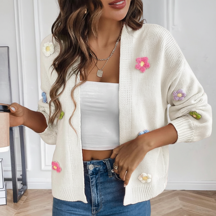 Fashionable women's 'Luftiges' open front vest with beautiful floral appliqués