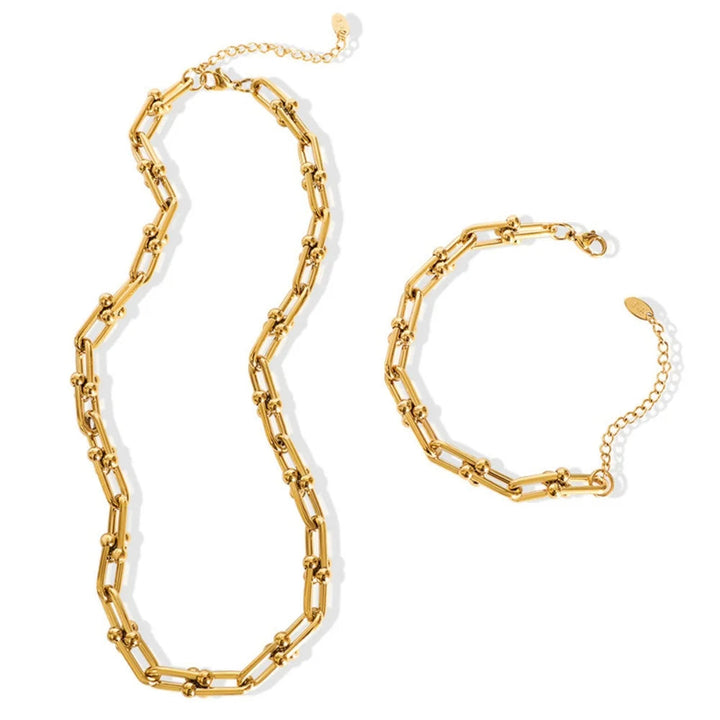 Shimmering premium plated gold link necklace & bracelet set. Elegant women's jewelry, a perfect gift.