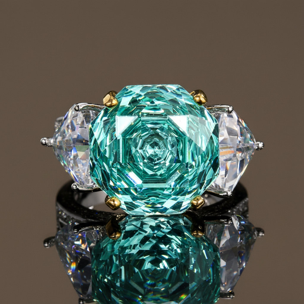 Detailed view of a women's luminous rose cut tourmaline ring, showcasing its unique gemstone beauty.