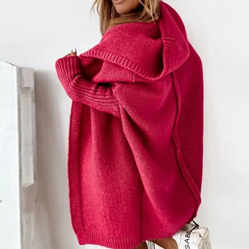 Stylish women's hooded batwing sleeve cardigan, comfortable and oversized for year-round layering.