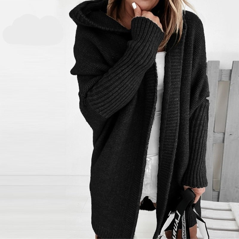 Stylish women's hooded cardigan with batwing sleeves, a comfortable everyday essential.
