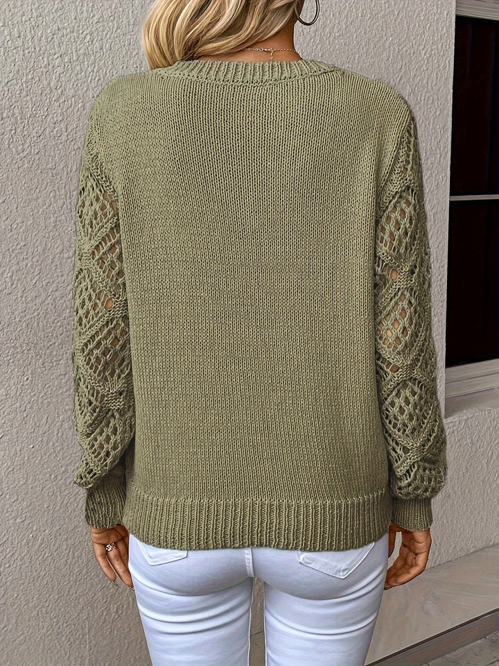 Versatile women's Luna long sleeve pullover sweater. Chic hollow-out knit design & V-neck for everyday style.