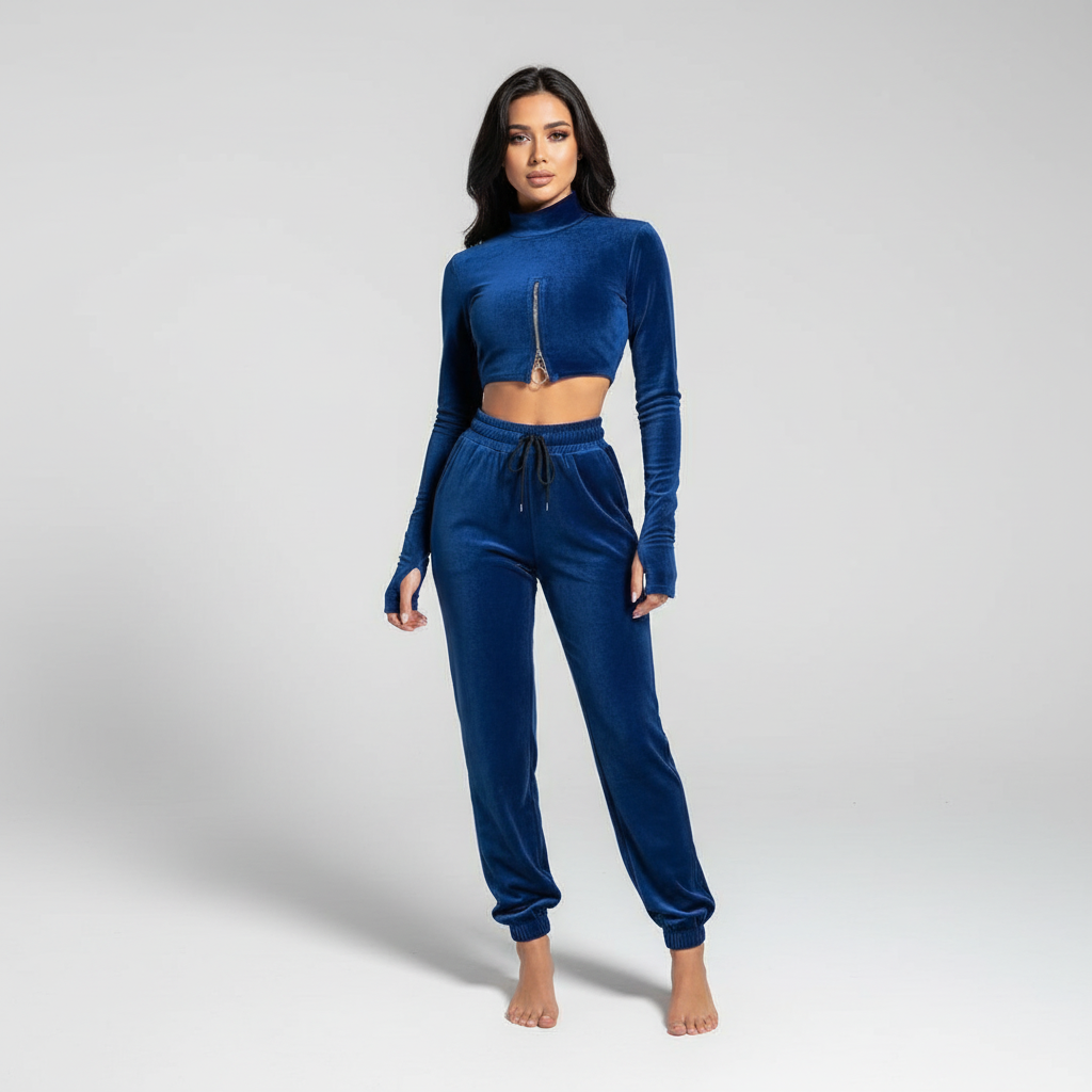 Cozy women's athleisure velvet tracksuit in rich elegant style, perfect for winter comfort.